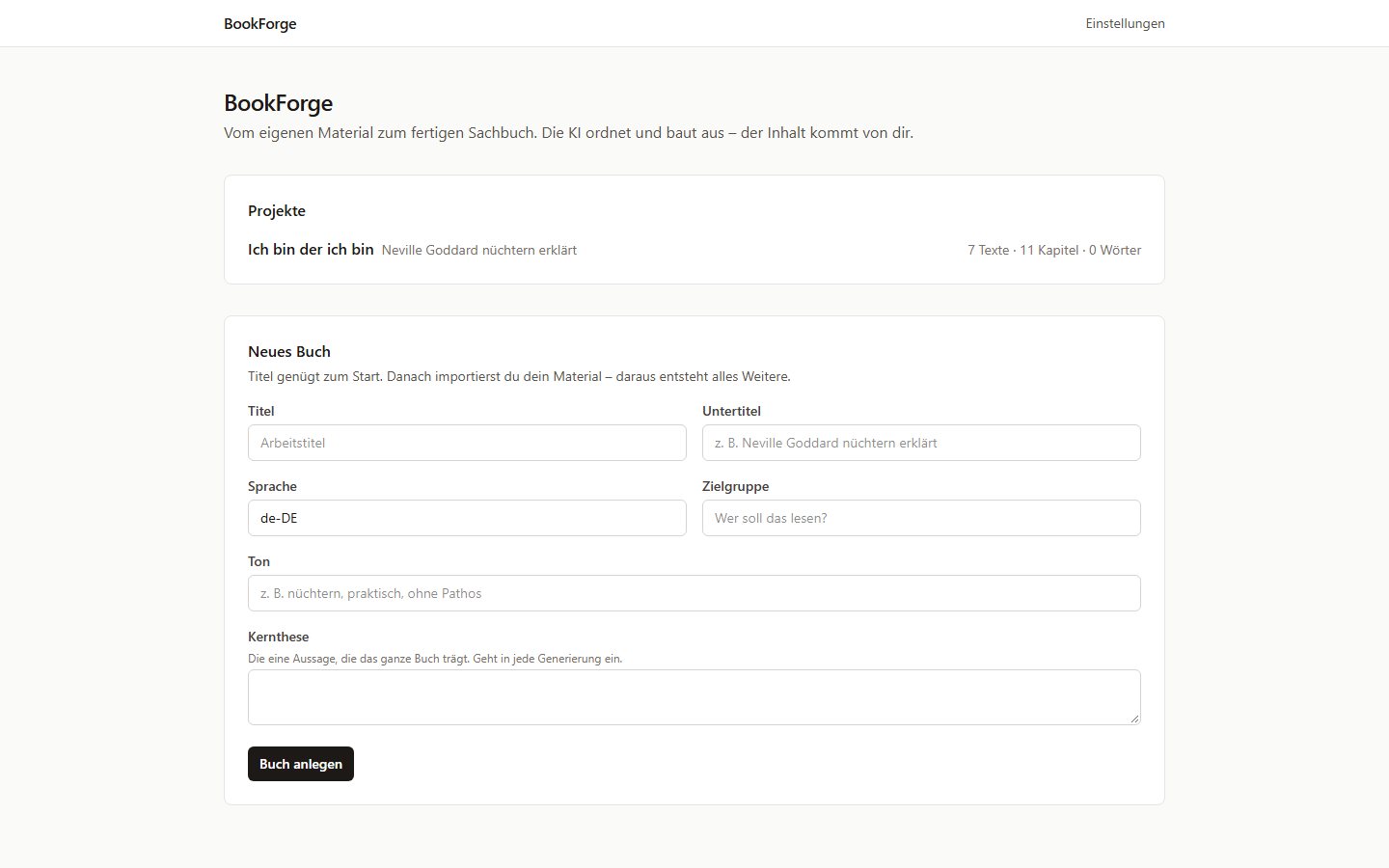 BookForge — project overview and new book form