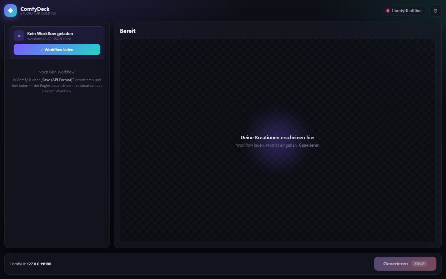 ComfyDeck — a clean studio interface in front of ComfyUI