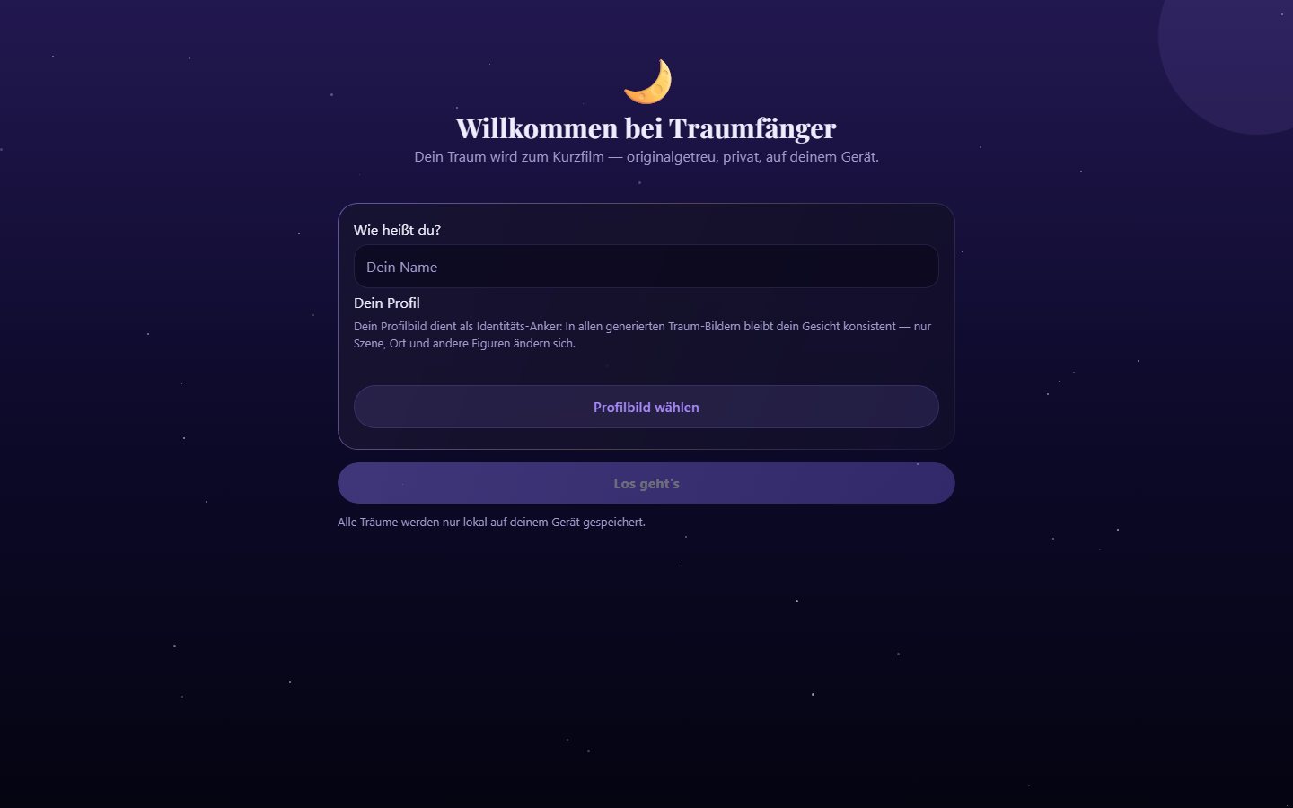Traumfänger — AI dream journal, first screen