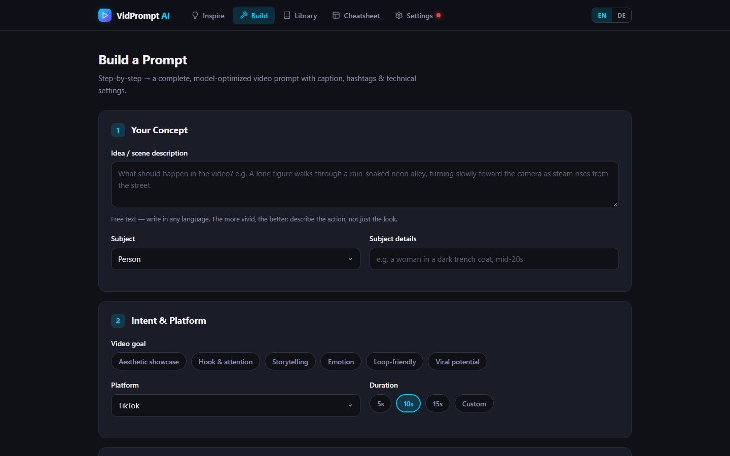 VidPrompt AI — prompt builder for AI video models